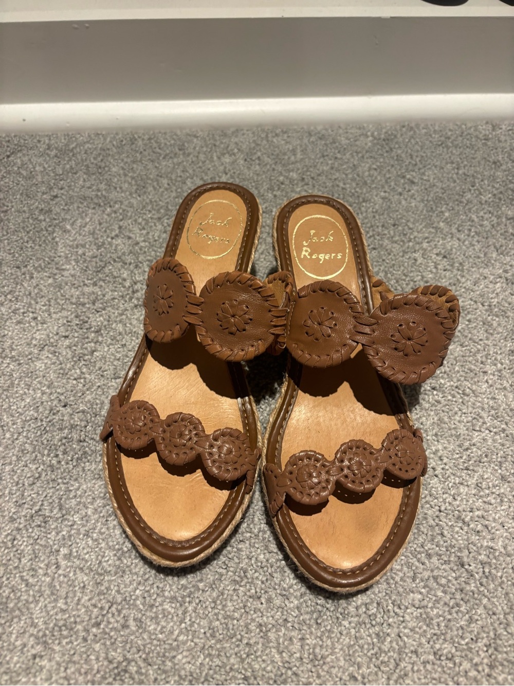 Jack Rogers Tan Leather Slide Sandals with Whipstitch Detail